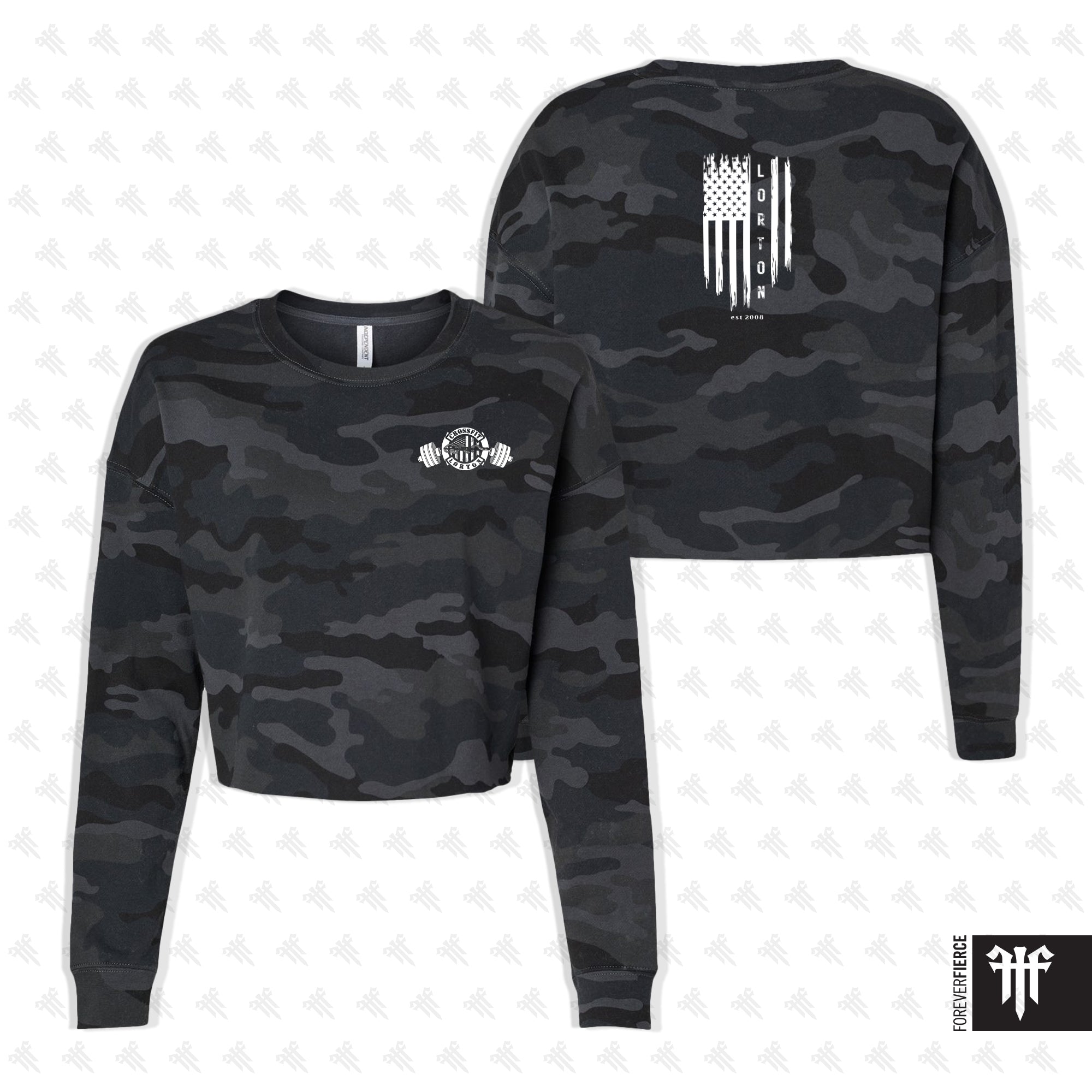 CrossFit Lorton November 2025 Black Camo Womens Crop Crewneck - Small Back Design