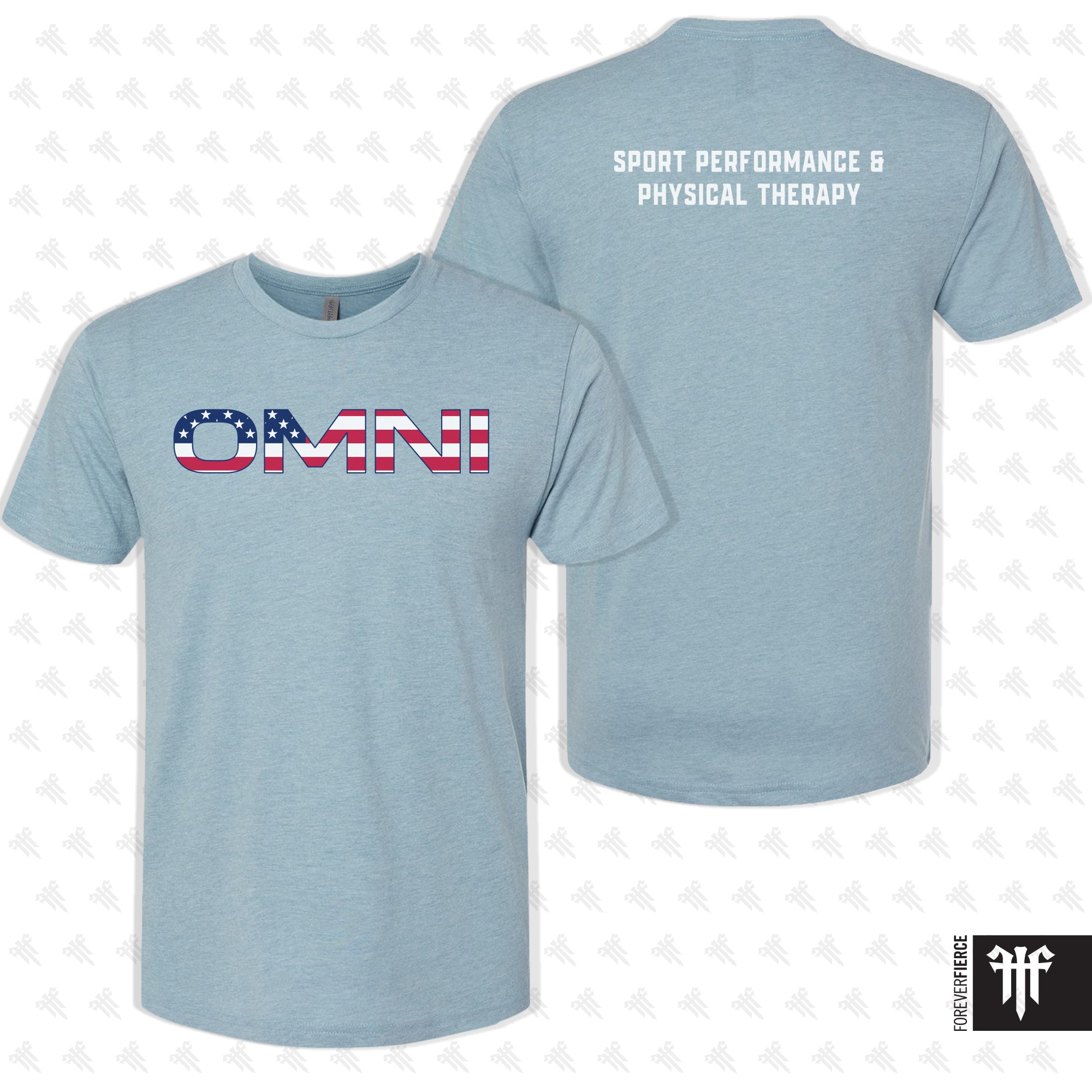 Light blue t-shirt with 'OMNI' logo and text on a white background