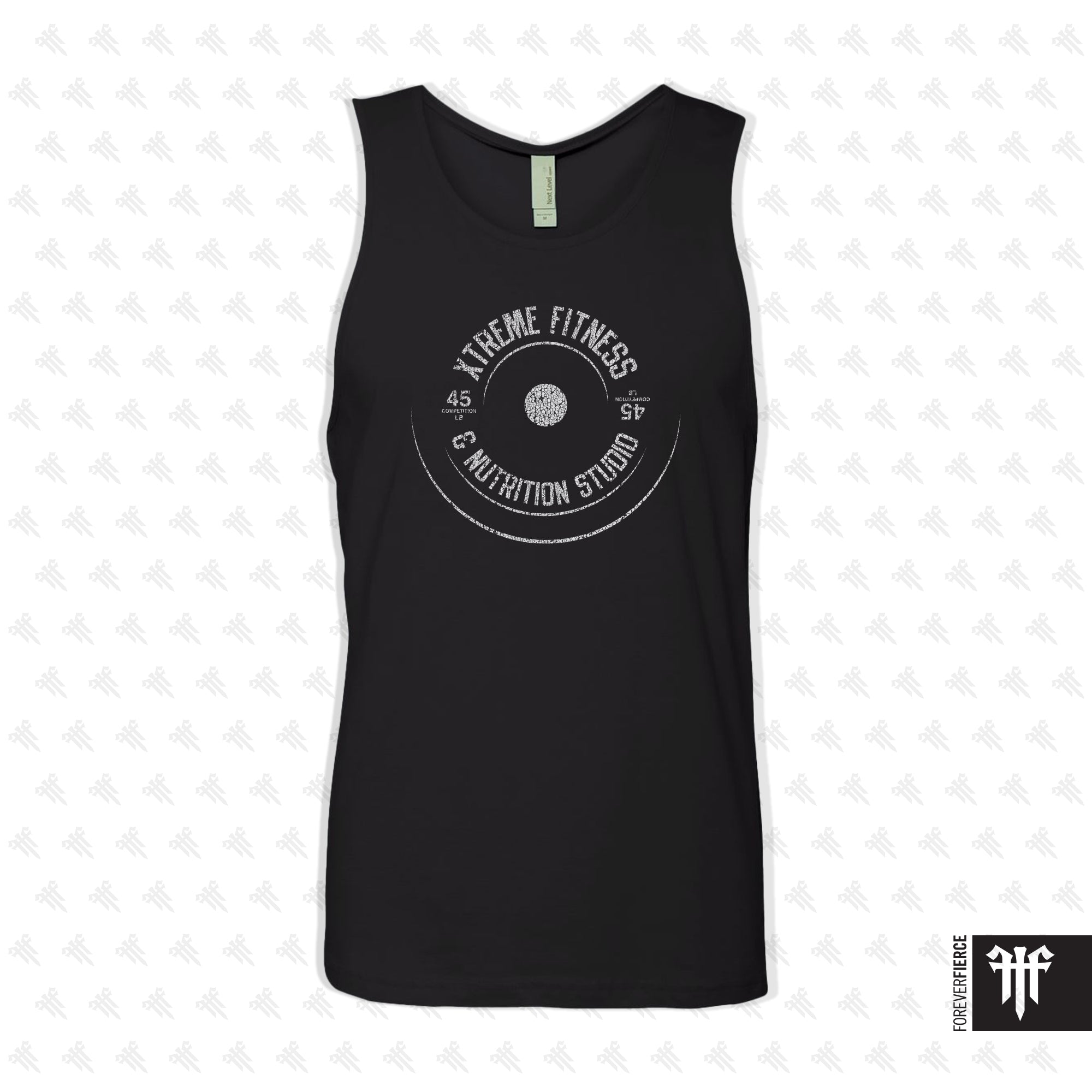 Black tank top with 'Extreme Fitness' logo on a light gray background
