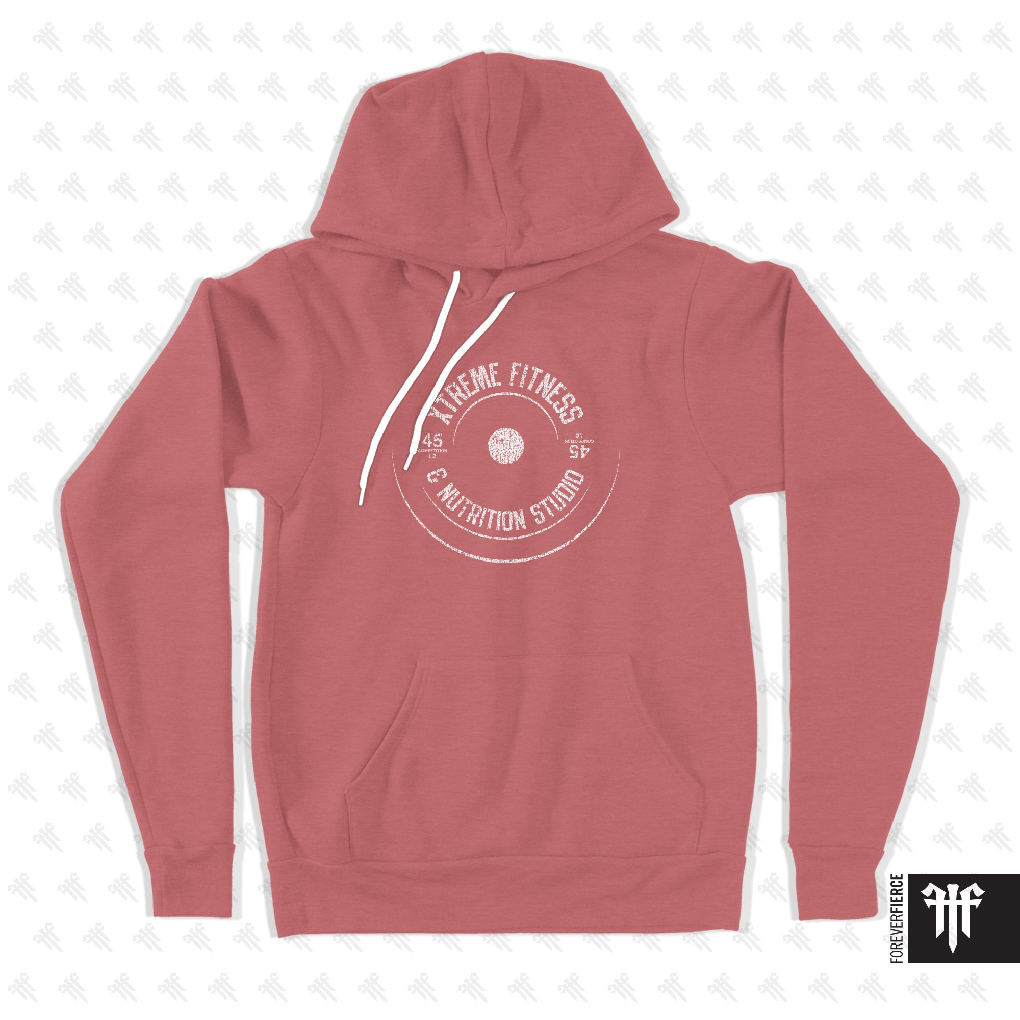 Red hoodie with a logo on the back against a light gray background