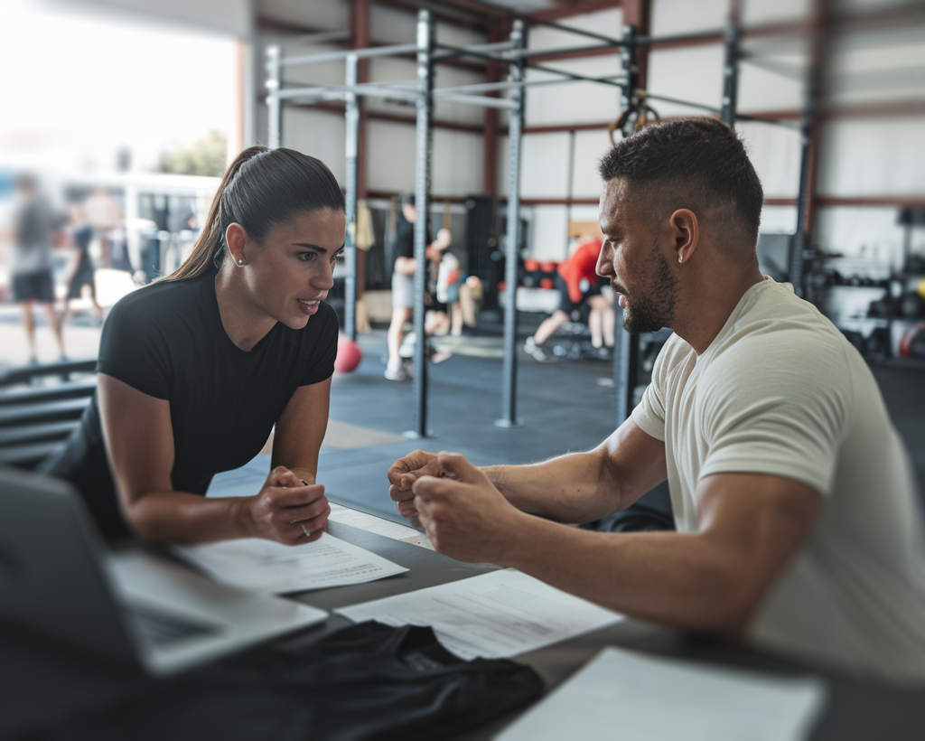 A boy and girl discuse in a gym