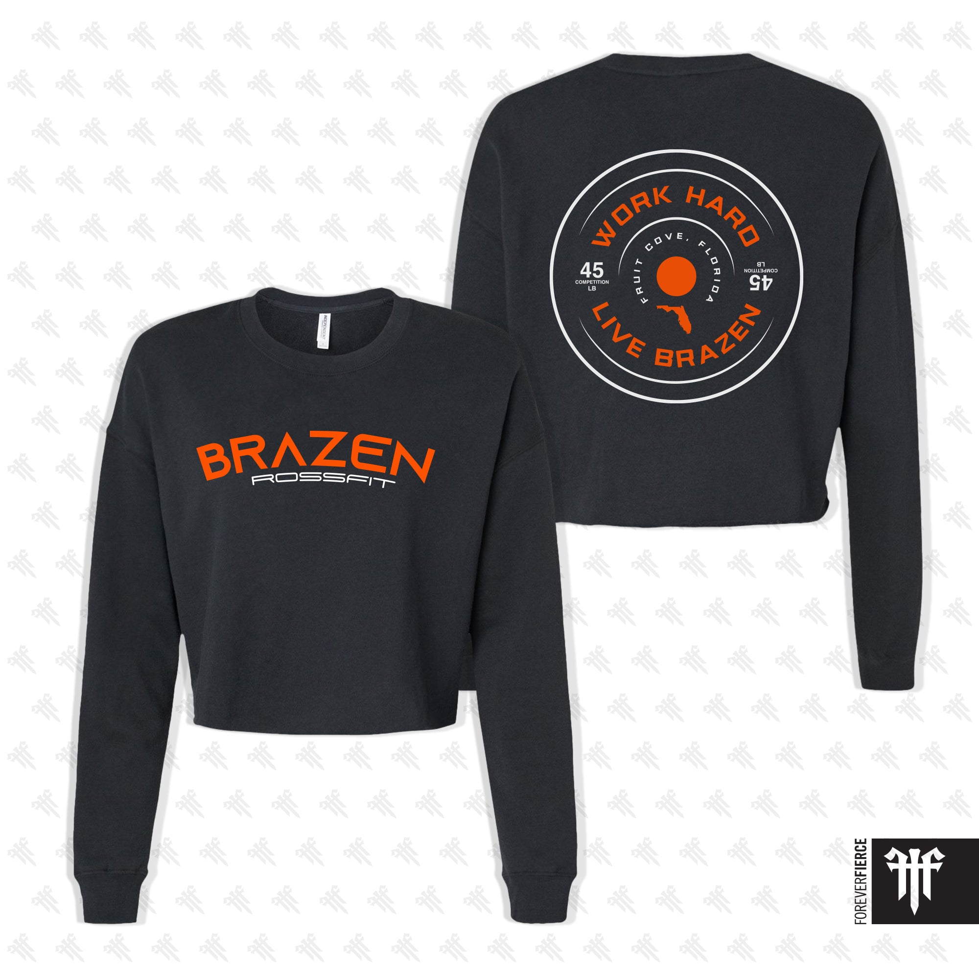 Brazen CrossFit February 2026 Orange and White Ink Womens Crop Crewneck