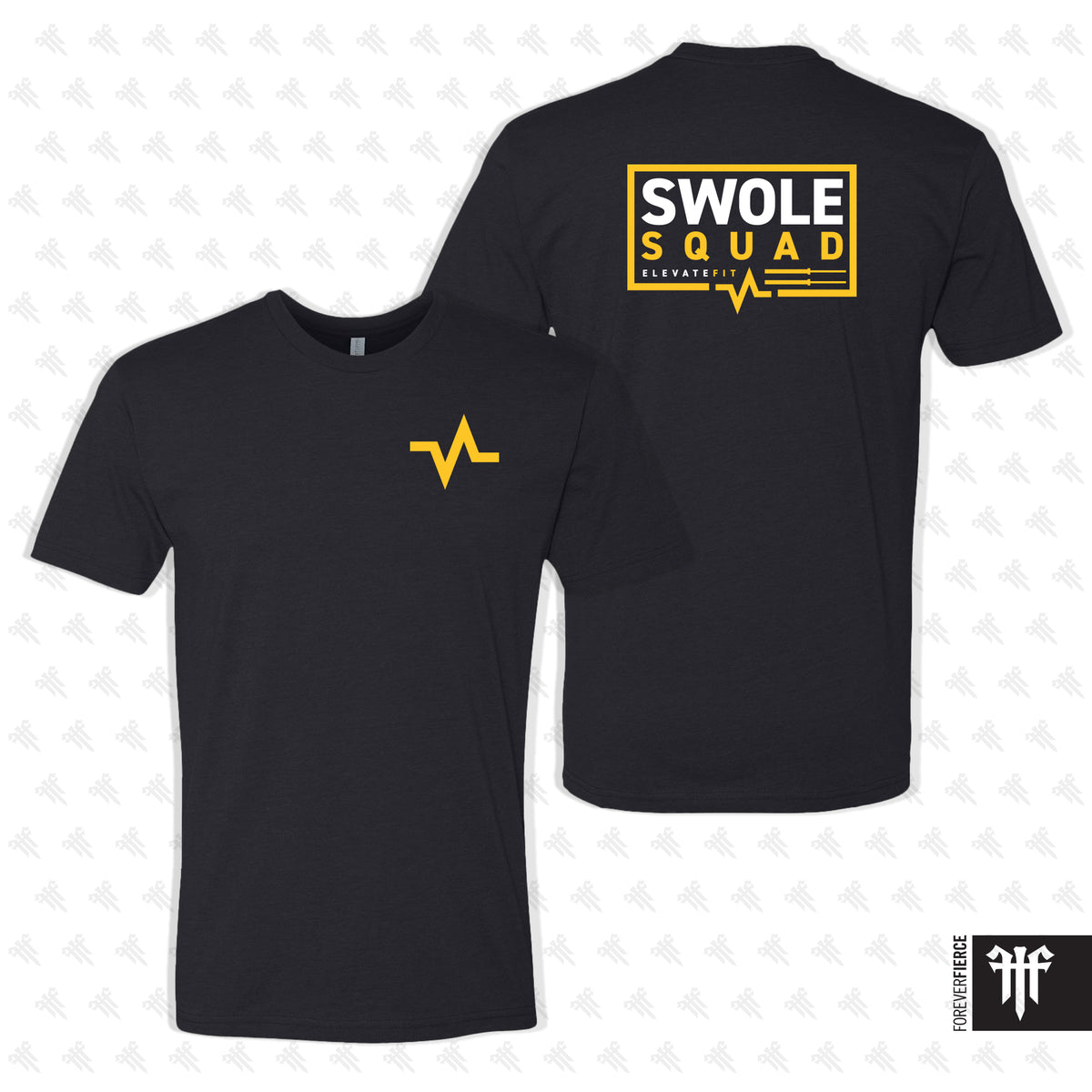 Black t-shirt with yellow graphics and text on a white background