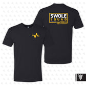 Black t-shirt with yellow graphics and text on a white background