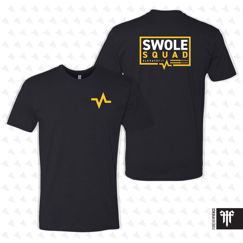 Black t-shirt with yellow graphics and text on a white background