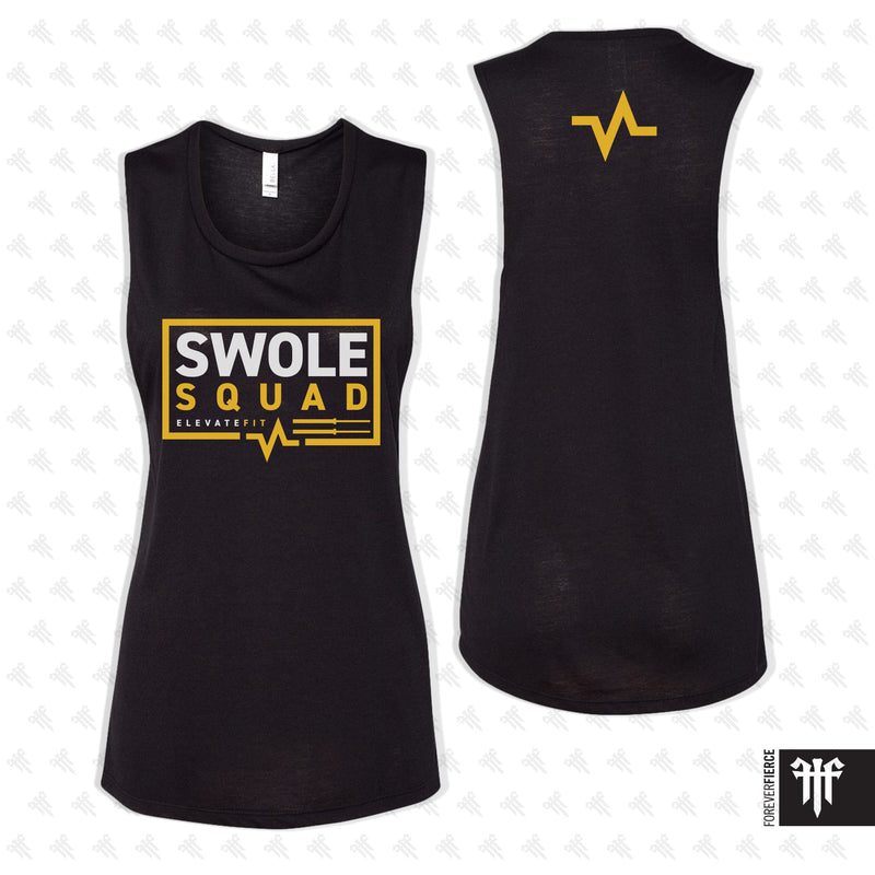 Black tank top with 'Swole Squad' and 'Elevate Fit' text on a white background