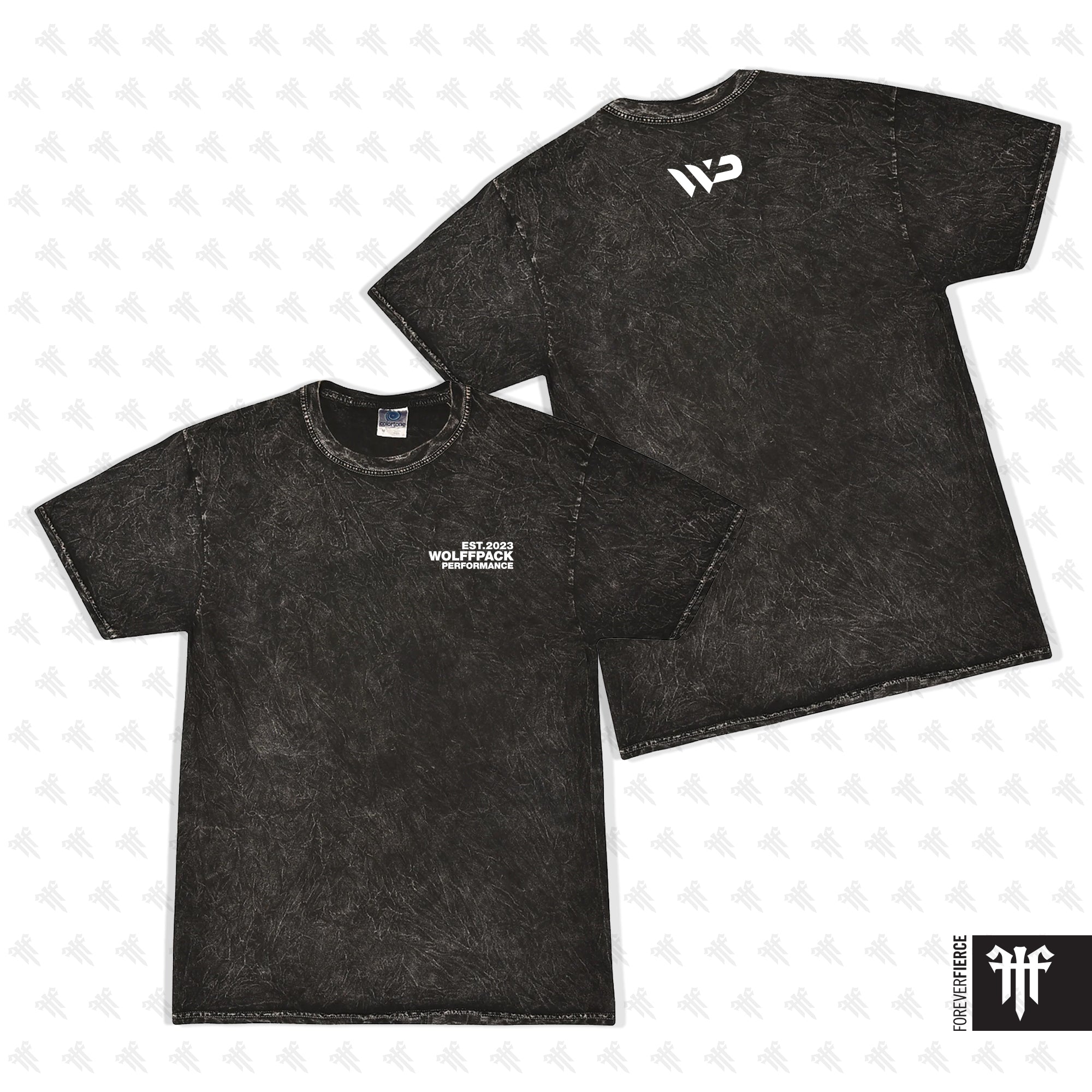 Black t-shirt with 'Raise The Bar' text on front and logo on back, on a light patterned background.