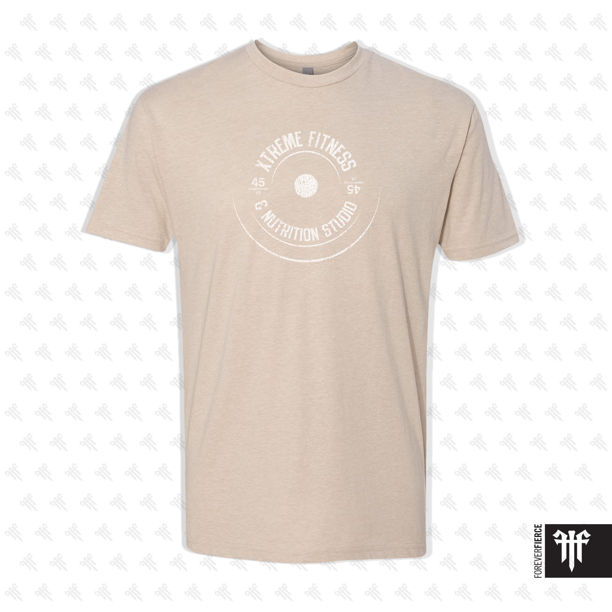 Beige t-shirt with a white graphic design on a light gray background