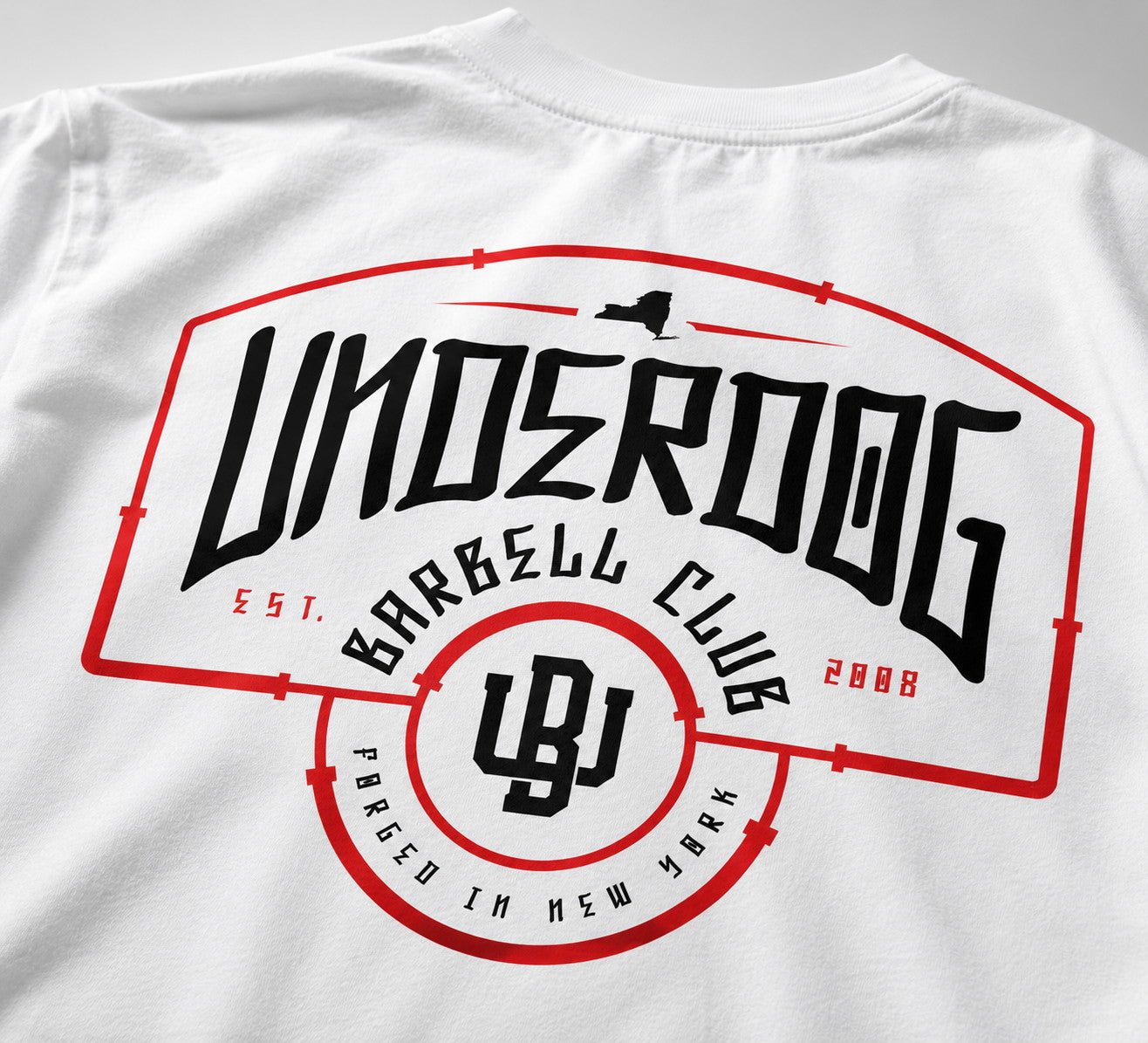 Design example: full back badge print on white tee