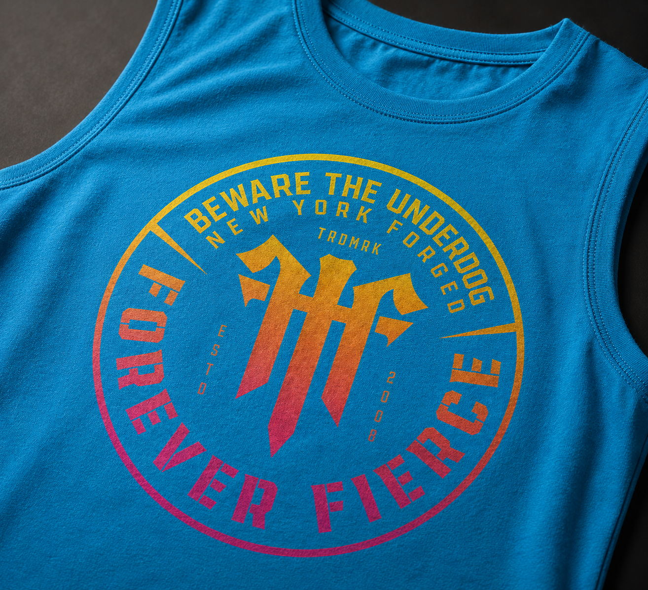 Design example: circular mark on blue muscle tank