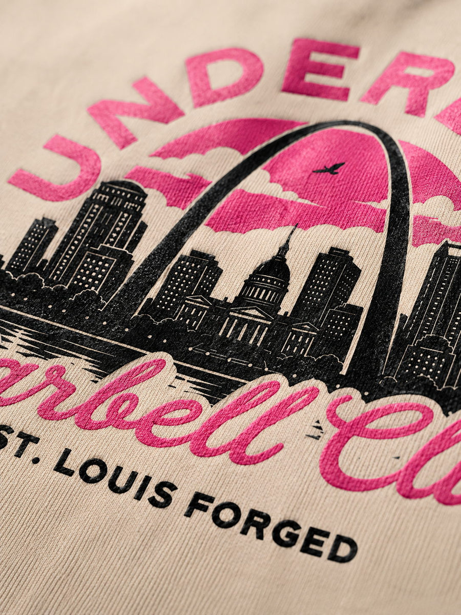 Underdog Barbell Club St. Louis design printed on a cream T-shirt